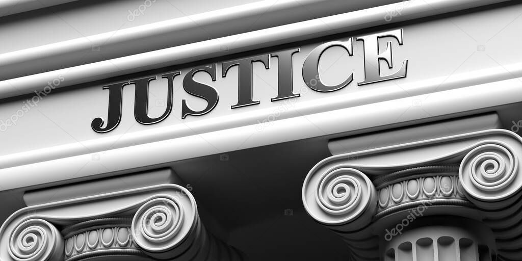 JUSTICE, building logo concept. Two pillars part pedestal, ancient greek architecture of white stone marble, ionic rhythm columns background. Justice word of silver color letters. 3d illustration