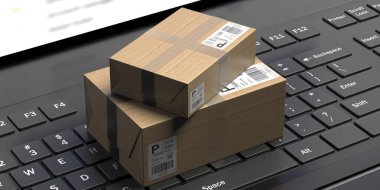 Çevrimiçi alışveriş, e-ticaret ve paket teslimat konsepti, siyah renkli dizüstü bilgisayar klavyesinde kahverengi paketler. 3d illüstrasyon