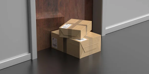 Parcels Delivered Doorstep Delivery Concept Brown Boxes Gray Floor Wooden — Stock Photo, Image