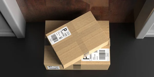 Paketler Teslim Edildi Kapı Önü Teslimatı Konsepti Gri Zeminde Kahverengi — Stok fotoğraf