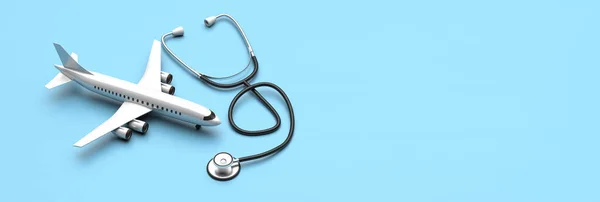 医疗旅游旅行的健康概念 平面模型和一个蓝色背景的听诊器 医疗保险模板 复制空间 3D说明 — 图库照片