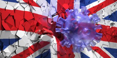 Coronavirus İngiltere 'yi vurdu. Covid 19, Birleşik Krallık bayrak duvarını yıkıyor. Pandemik salgın krizi, Büyük Britanya kilitlenmesi, ekonomi, finans, iş durgunluğu. 3d illüstrasyon