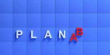 Plan A B metni, imzala. Alternatif iş stratejisi, adaptasyon, seçenek seçimi konsepti, mavi renkli beyaz metin, duvar zemin kaplaması, kopyalama alanı, şablon. 3d illüstrasyon