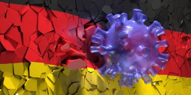 Coronavirus Almanya 'yı vurdu. Covid 19 Alman bayrak duvarını yıkıyor. Salgın krizi, tecrit, Alman ekonomisindeki ekonomik durgunluk. 3d illüstrasyon