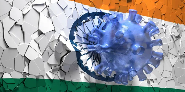科罗纳威斯袭击了印度 Covid 19冲破了印度国旗墙大流行病危机 印度经济萧条 3D说明 — 图库照片