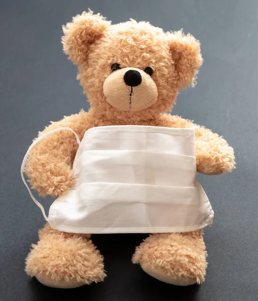 Kind Kind Coronavirus Vervuiling Pm2 Bescherming Concept Teddybeer Met Beschermend — Stockfoto