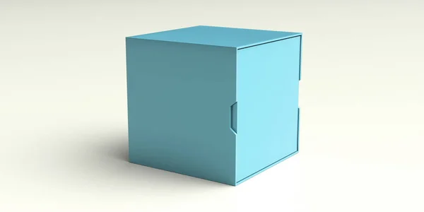 Package box cube with sliding cover, blank advertise template for products packaging. Blue color cardboard container with rim cut, pick slide function. 3d illustration