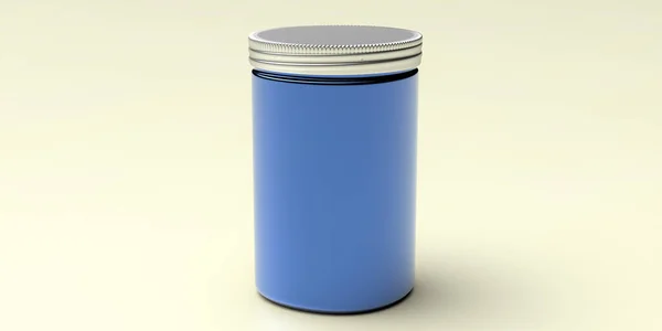 Glass jar with metal lid package blank, blue color on pastel yellow background. Kitchen storage, conservation container, advertise template. 3d illustration