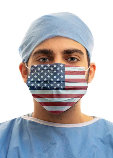 Eua Cuidados Saúde Doutor Vestindo Uma Bandeira Dos Estados Unidos — Fotografia de Stock