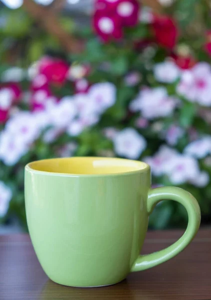 Coffee Cup Mockup Garden Table Green Color Blank Mug Handle — Stock Photo, Image