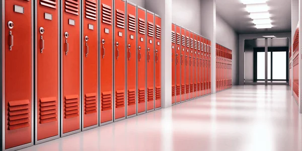 Licealne Lobby Czerwonymi Szafkami Widok Perspektywy Szafki Studenckie Zamknięte Metalowe — Zdjęcie stockowe