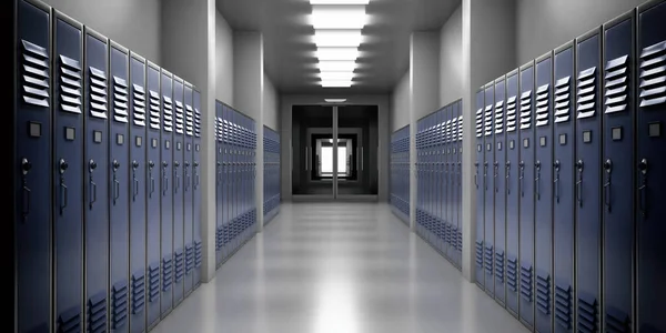 Middelbare School Lobby Met Blauwe Kleur Kluisjes Perspectief Uitzicht Studenten — Stockfoto