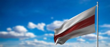 Beyaz Rusya, mavi gökyüzü arka planına karşı bayrak direğinde dalgalanan bayrağı protesto ediyor. Beyaz kırmızı beyaz renk, başkanlık seçimlerine karşı çıkmanın sembolü. 3d illüstrasyon