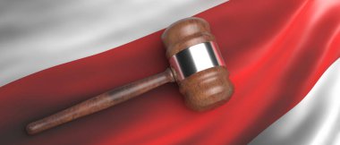 Belarus law. Judge auction gavel on belarusian protest flag waving background. White red white color sign, symbol of freedom in white revolution, banner. 3d illustration clipart