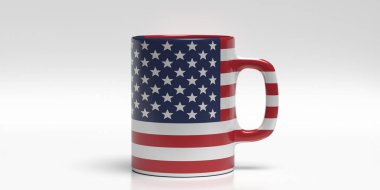 Beyaz arka planda izole edilmiş ABD bayraklı kahve kupası. Amerika Birleşik Devletleri seyahat hatırası, seçim, bağımsızlık günü sembolü. 3d illüstrasyon