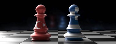 Türkiye ve Yunanistan komşu ülke ilişkileri kavramı. Satranç tahtasındaki Türk ve Yunan bayrakları. 3d illüstrasyon