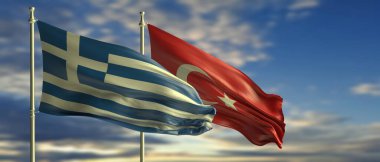 Yunanistan ve Türkiye komşu ülke ilişkileri kavramı. Türk ve Yunan bayrakları bulutlu mavi gökyüzüne doğru dalgalanıyor. 3d illüstrasyon