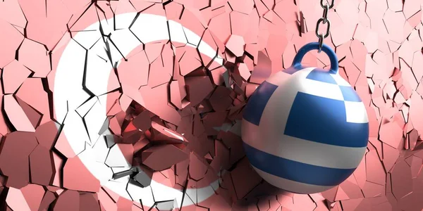 Turkey and Greece conflict, dispute concept. Greek flag wrecking ball breaking a Turkish flag wall. 3d illustration