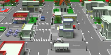 Şehir merkezinin izometrik blok haritası. Küçük bir kasaba ya da şehir merkezindeki binalar ve sokaklar. Dükkan ve mağazaların havadan görünüşü, kafe, restoran, okul, postane, sinema. 3d illüstrasyon