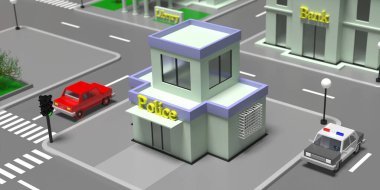 Polis binasının yüksek açılı girişi. Evleri, caddeleri ve ağaçları olan küçük bir kasaba. 3d illüstrasyon