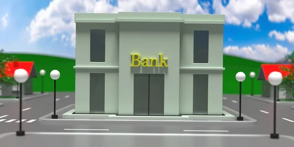 銀行の建物の入り口フロントビュー 雲の背景と青空 通りや木と小さな町のアイソメトリックブロック 3Dイラスト — ストック写真