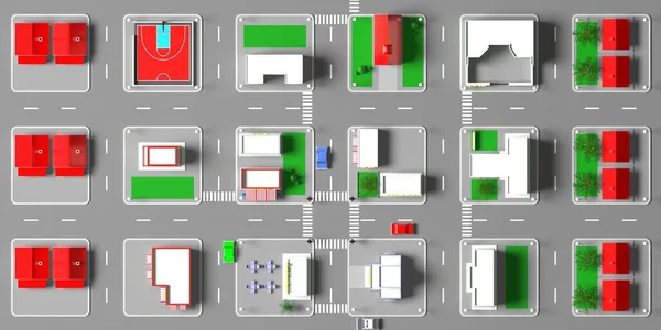 Mapa Małych Bloków Izometrycznych Miasta Przedmieścia Budynki Miejskie Ulice Widok — Zdjęcie stockowe