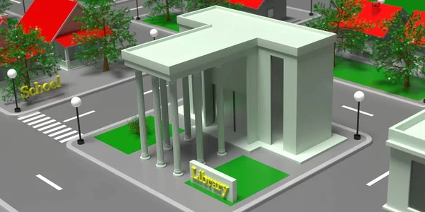 Bibliotheek Ingang Hoge Hoek Uitzicht Kleine Stad Isometrische Blok Met — Stockfoto