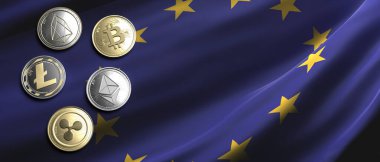 Kripto para birimi, engelleme teknolojisi, Avrupa konseptinde madencilik. Bitcoin, dalgalanma, litekoin, eos, ethereum madeni paralar AB bayrağı arka planında. 3d illüstrasyon