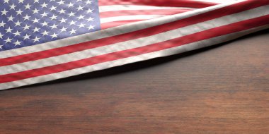 Ahşap masa arkasında Amerikan bayrağı. Amerika Birleşik Devletleri işaret sembolü, Anıt, 4 Temmuz, Bağımsızlık Günü şablonu. 3d illüstrasyon