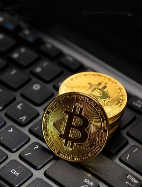 Bitcoin, btc. Şifreli para birimi altın para, bilgisayarın arka planında. Engelleme teknolojisi, madencilik konsepti, dikey. 3d illüstrasyon