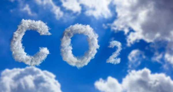 Zanieczyszczenie Emisji Co2 Chmura Dwutlenku Węgla Znak Tekstowy Niebieskim Tle — Zdjęcie stockowe