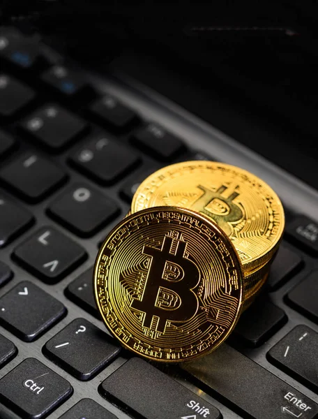 Bitcoin, btc. Crypto currency gold bit coin on computer lptop background. Blockchain technology, mining concept, vertical. 3d illustration