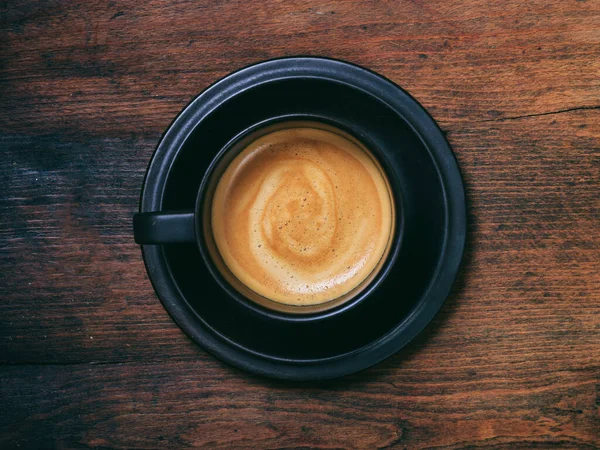 Время Кофе Чашка Кофе Эспрессо Фоне Деревянного Стола Вид Сверху — стоковое фото