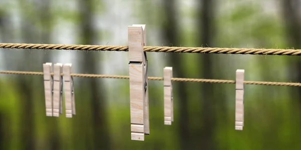 Clothespins Clothes Rope Blur Green Nature Background Laundy Drying Retro — Stock Photo, Image