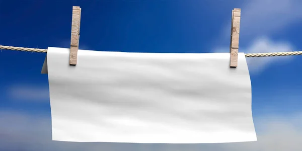 Lege Witte Doek Aan Touw Met Wasknijpers Blauwe Lucht Achtergrond — Stockfoto