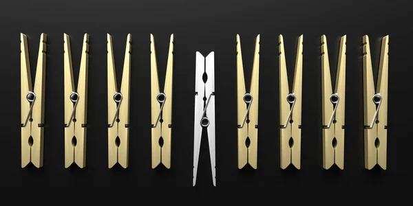 Crowd and creativity with your own way concept. One different clothespin opposite and many wooden pins against black background. 3d illustration