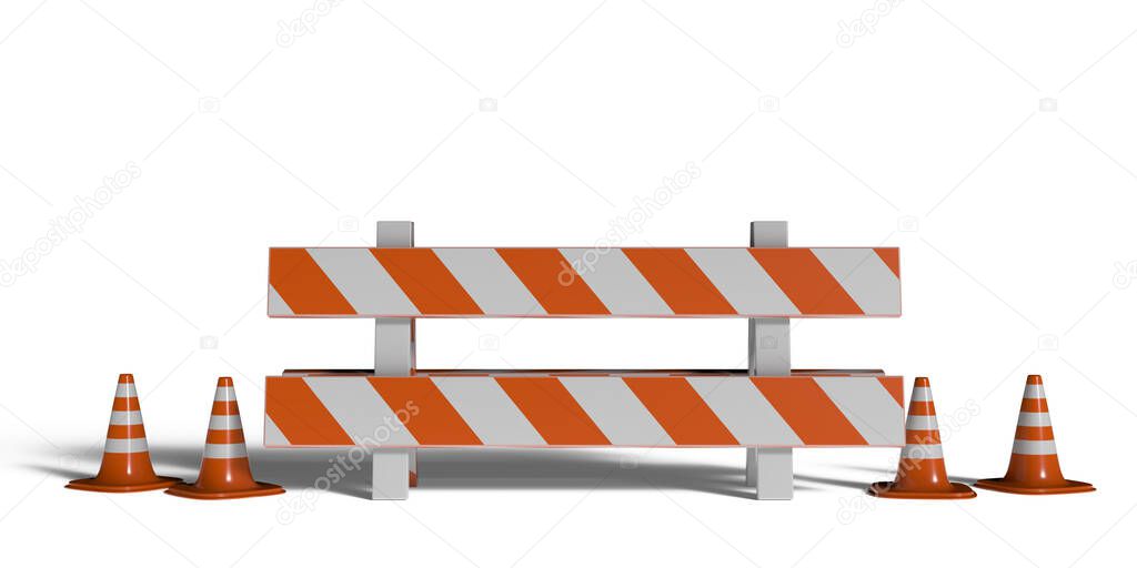Street barrier and traffic cones isolated on white background. Construction safety, road work in progress. 3d illustration