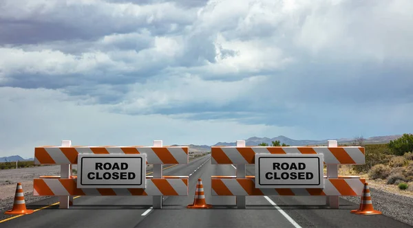 Panneau Texte Routier Fermé Barrières Rue Cônes Circulation Sur Autoroute — Photo