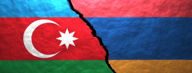 Ermenistan ve Azerbaycan ilişkileri krizi, Nagorno Karabakh çatışma konsepti. Kırık duvar arkasında Azerbaycan ve Ermeni bayrakları var. 3d illüstrasyon