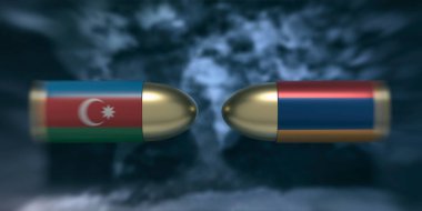 Ermenistan ve Azerbaycan krizi, Dağlık Karabağ çatışması konsepti. Ermeni ve Azerbaycan kara gökyüzü arka planında bayrak mermileri. 3d illüstrasyon