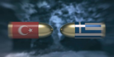 Türkiye ve Yunanistan kriz konsepti. Yunan ve Türk bayraklı mermiler karanlık gökyüzü arka planına karşı. 3d illüstrasyon