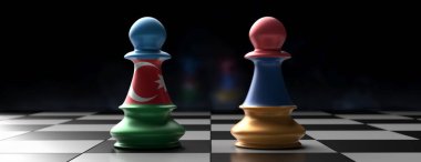Ermenistan ve Azerbaycan krizi, Dağlık Karabağ çatışması konsepti. Satranç tahtasında Ermeni ve Azerbaycan bayrak piyonları, karanlık arka plan. 3d illüstrasyon