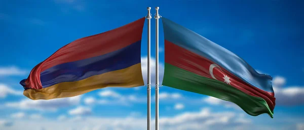 Armenia and Azerbaijan relation crisis, Nagorno Karabakh conflict concept. Armenian and Azerbaijan flag waving opposed against blue sky background. 3d illustration