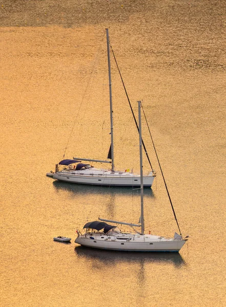 日没のセーリングボート 日の出 2隻の白いヨットが穏やかな黄金の海の真ん中に係留された コピースペース 垂直写真 — ストック写真