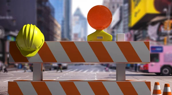 Roadworks, road closed, under construction, maintenance works concept. Traffic barriers and warning light downtown, city center background. 3d illustration
