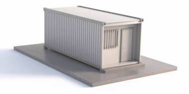 Konteynır kutusu inşaat alanı geçici ofisine dönüştürüldü. Beton üsteki mobil endüstriyel bina beyaz arka planda izole edilmiş. 3d illüstrasyon