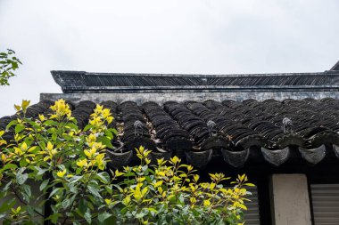 Eski Çinlilerin dekoratif saçakları ve geleneksel bir binanın önündeki yeşil yapraklarla döşenmiş çatısı var. Doğu Asya mimarisi