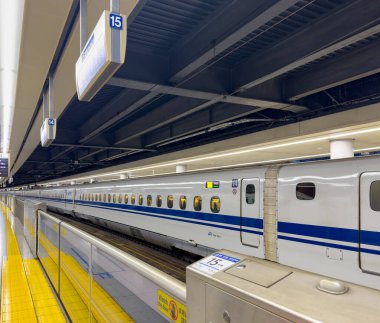 Shinkansen mermi treni Japonya 'daki istasyon peronunda. Cam güvenlik bariyerleri, sarı dokunmatik kaldırımlar, yüksek hızlı ulaşım 