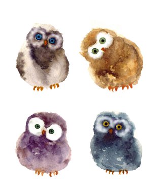 Beyaz arka planda sevimli suluboya baykuşlar