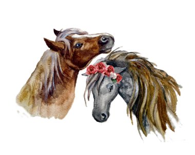 Beyaz arka planda tatlı suluboya at. Hayvan suluboya silueti çizimi. El çizimi resim çizimi. Kumaş, tişört, kartpostal, tebrik kartı, kitap, poster, çıkartma için grafiksel çizim.